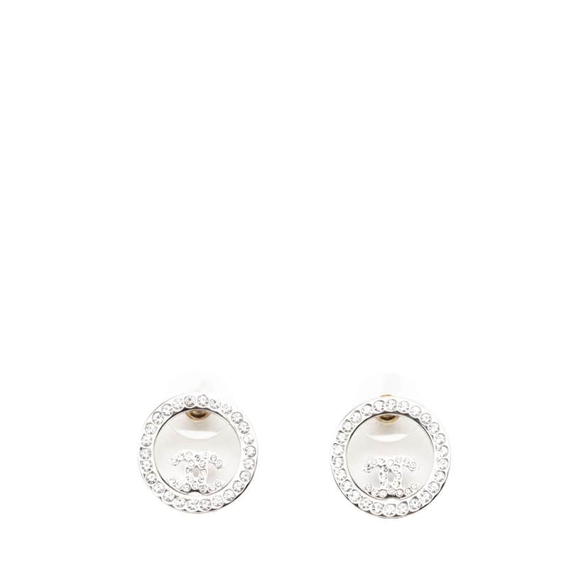 Chanel CC Brass Strass Push Back Earrings Silver Metal Very good condition - Front View