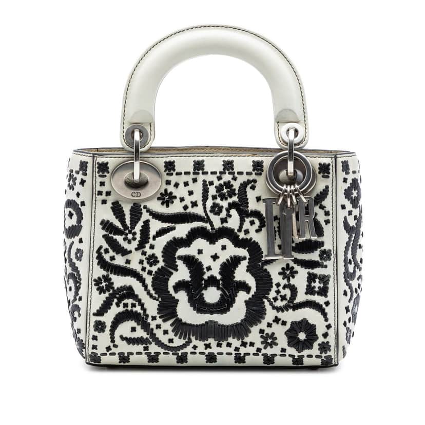 Dior Mini Calfskin Flower Embroidered Lady Dior White Leather Very good condition - Front View