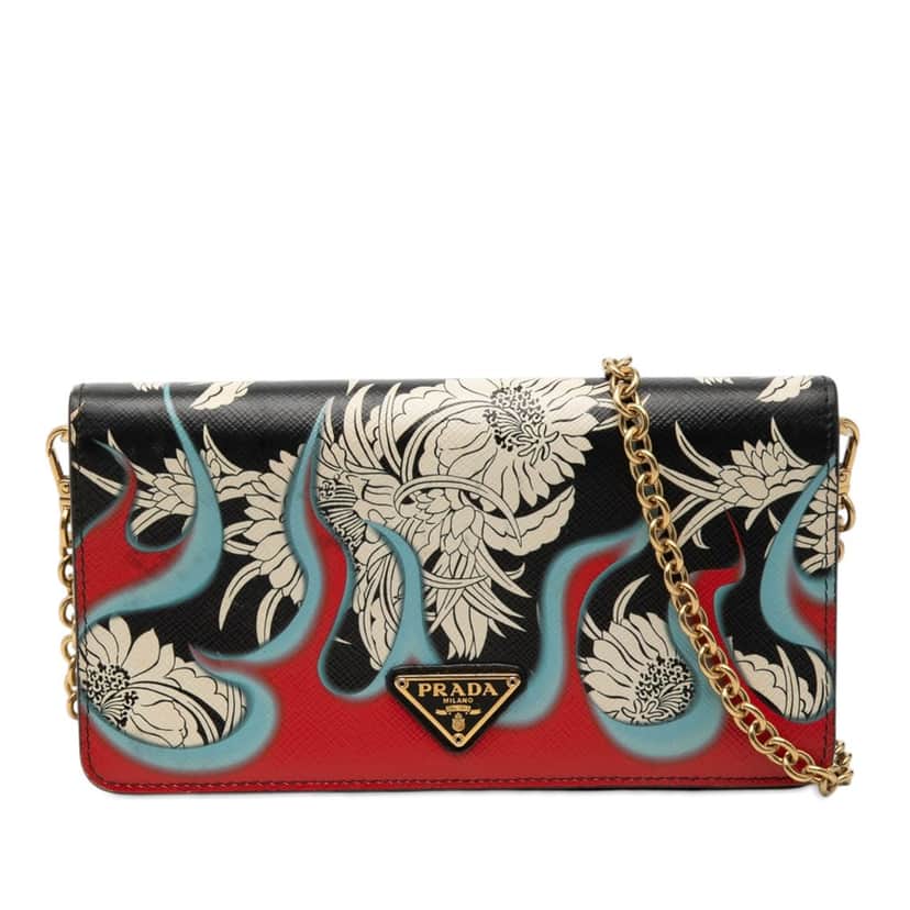Prada Saffiano Floral Flame Print Wallet on Chain Black Leather Very good condition - Front View