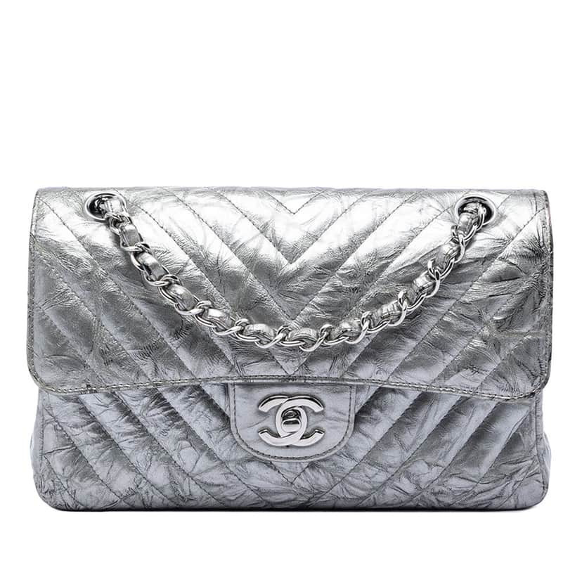 Chanel Small Classic Chevron Metallic Crumpled Calfskin Double Flap Silver Leather Very good condition - Front View