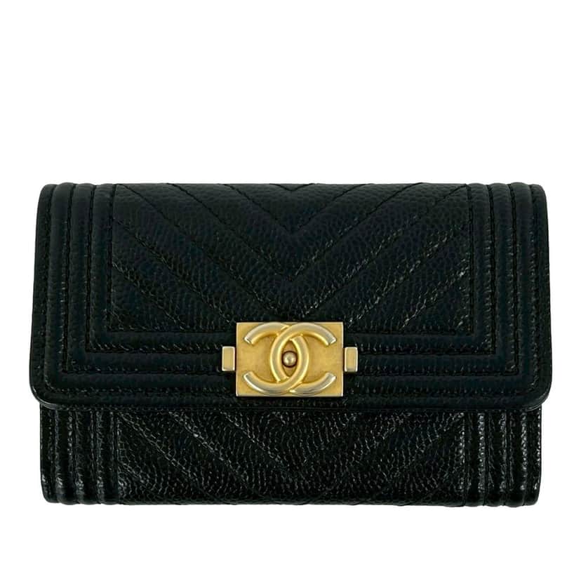 Chanel Chevron Caviar Boy Card Holder Black Leather Very good condition - Front View