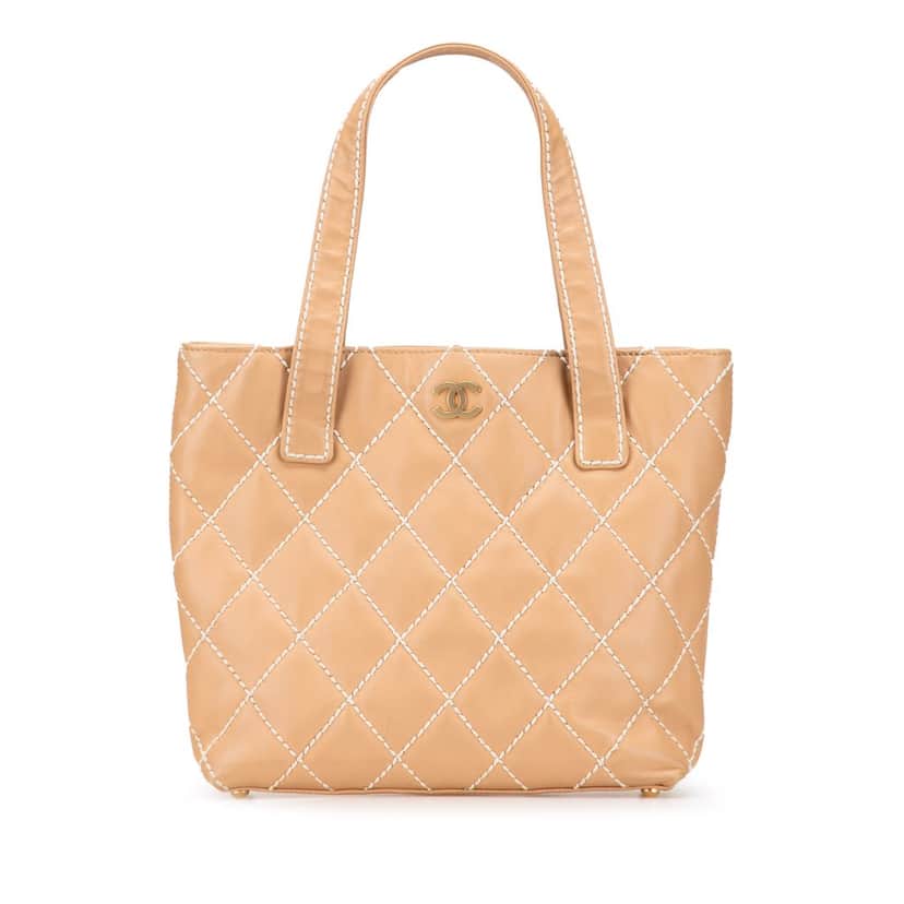Chanel Small CC Calfskin Wild Stitch Tote Beige Leather Very good condition - Front View