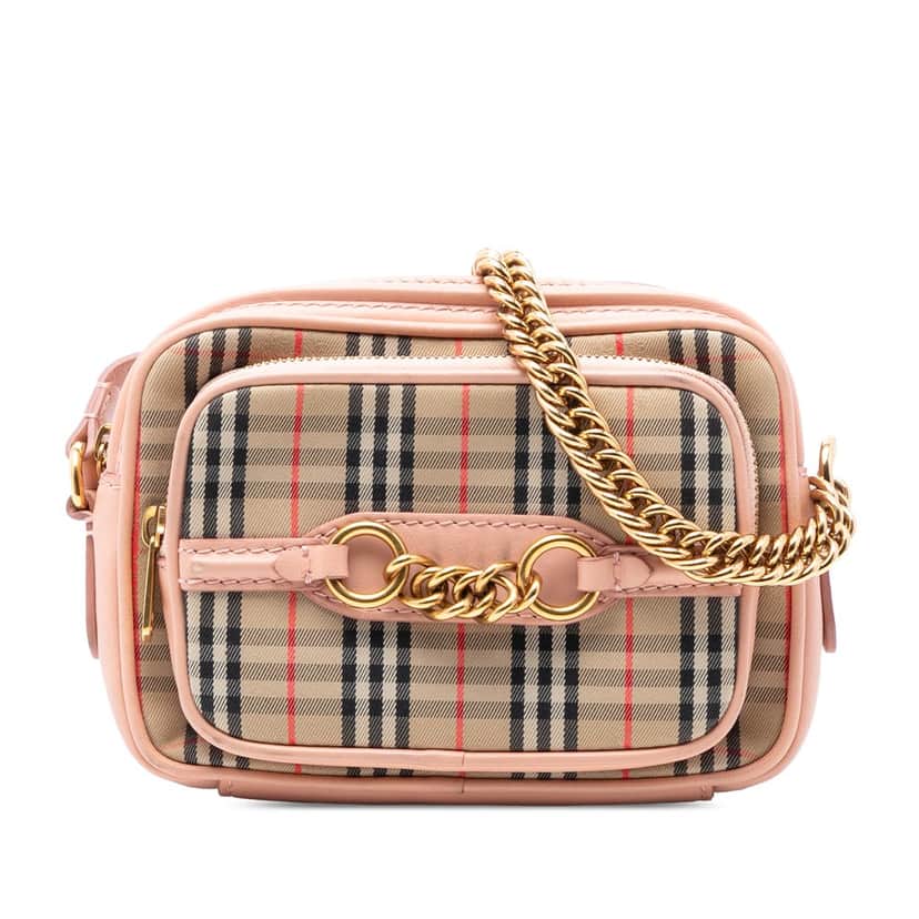 Burberry 1983 Knight Check Canvas and Calfskin Link Camera Bag Beige Very good condition - Front View