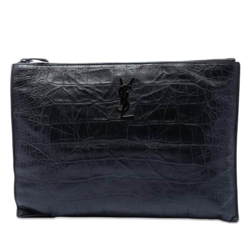 Saint Laurent Croc Embossed Leather Monogram Document Holder Black Leather Very good condition - Front View