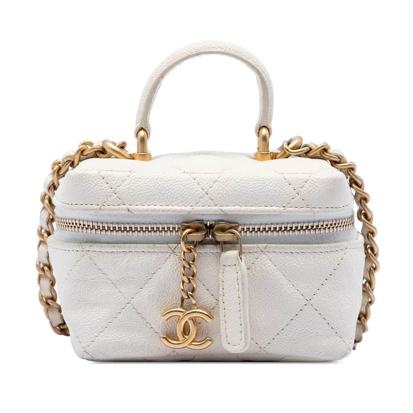 Chanel Mini Caviar Chain Zip Around Vanity Case White Leather Very good condition - Front View