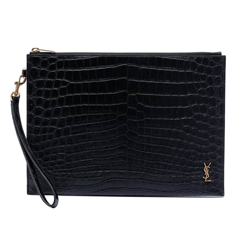 Saint Laurent Croc Embossed Leather Tiny Monogram Zipped Tablet Holder Black Leather Very good condition - Front View