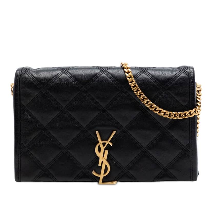 Saint Laurent Quilted Diamond Lambskin Becky Wallet on Chain Black Leather Very good condition - Front View
