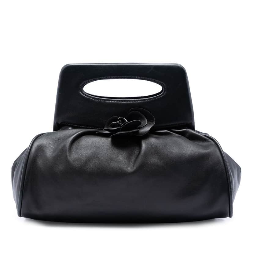 Chanel Lambskin Camellia Top Handle Frame Bag Black Leather Very good condition - Front View