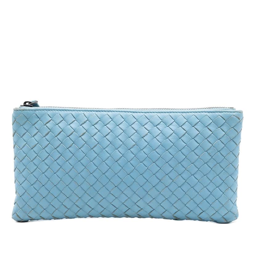 Bottega Veneta Small Nappa Intrecciato Zip Pouch Blue Leather Very good condition - Front View