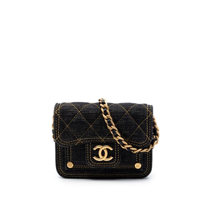 Chanel Mini Quilted Denim Double You Card Holder with Chain Blue Very good condition - Front View