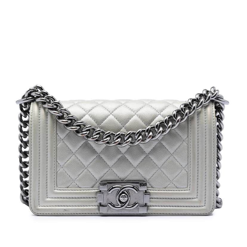 Chanel Small Quilted Metallic Caviar Boy Flap Silver Leather Very good condition - Front View