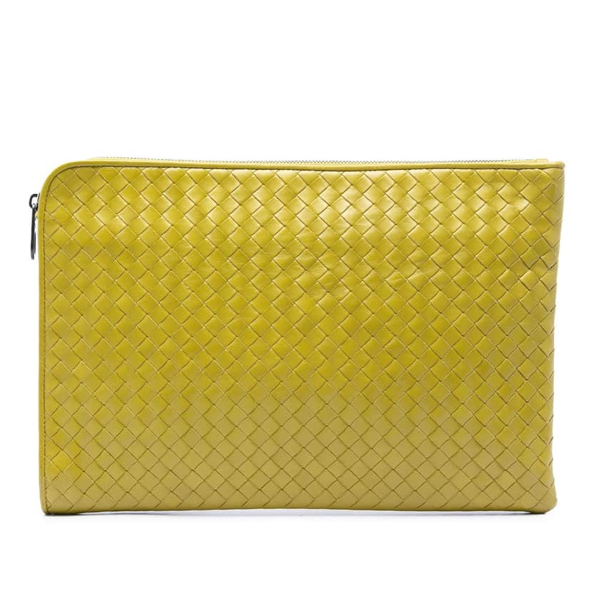 Bottega Veneta Large Nappa Intrecciato Zip Pouch Yellow Leather Very good condition - Front View