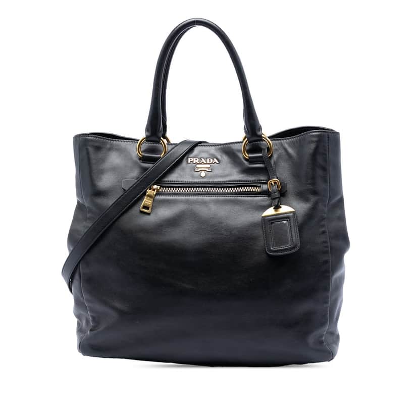 Prada Soft Calfskin Convertible Shopping Tote Black Leather Very good condition - Front View