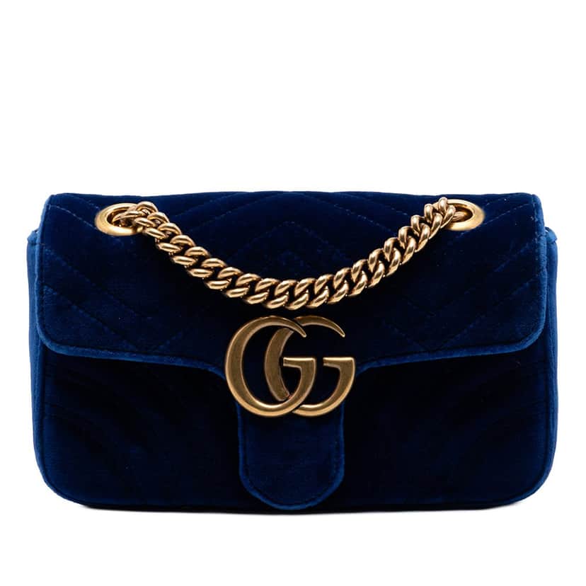 Gucci Small GG Marmont Matelasse Velvet Shoulder Bag Blue Very good condition - Front View