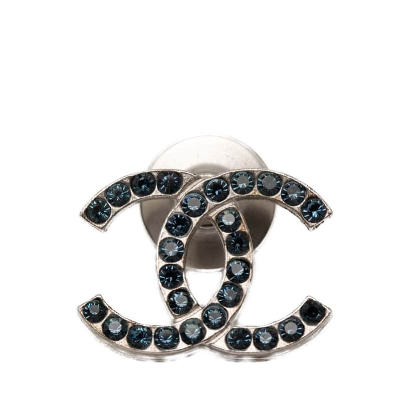 Chanel CC Brass and Strass Pin Brooch Silver Metal Very good condition - Front View