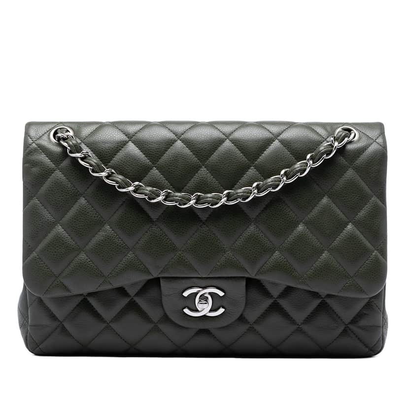 Chanel Jumbo Classic Caviar Double Flap Green Leather Very good condition - Front View