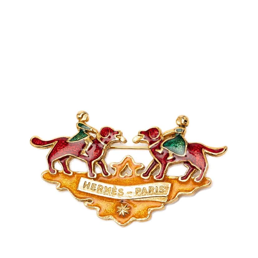 Hermès Gold Plated Enamel Children And Dogs Brooch Gold Metal Very good condition - Front View