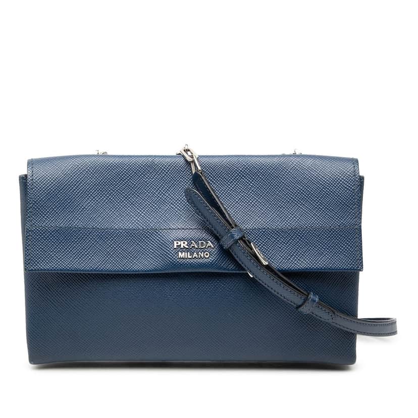 Prada Saffiano Leather Double Turnlock Crossbody Blue Leather Very good condition - Front View