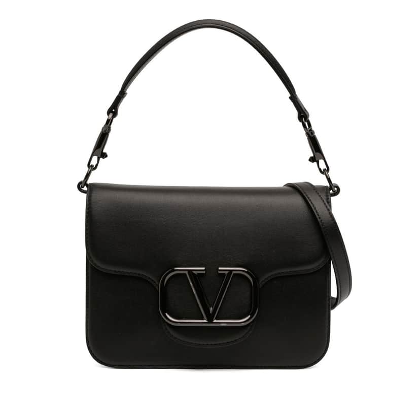 Valentino Calfskin Logo Flap Satchel Black Leather Very good condition - Front View