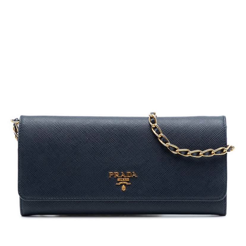 Prada Saffiano Wallet On Chain Blue Leather Very good condition - Front View