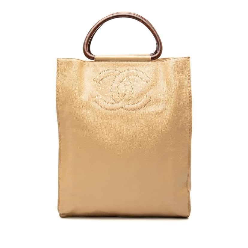 Chanel CC Caviar Wood Top Handle Tote Bag Beige Leather Very good condition - Front View