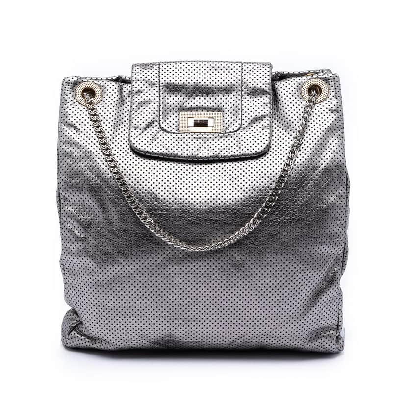 Chanel Perforated Crackled Metallic Calfskin Drill Tote Silver Leather Very good condition - Front View