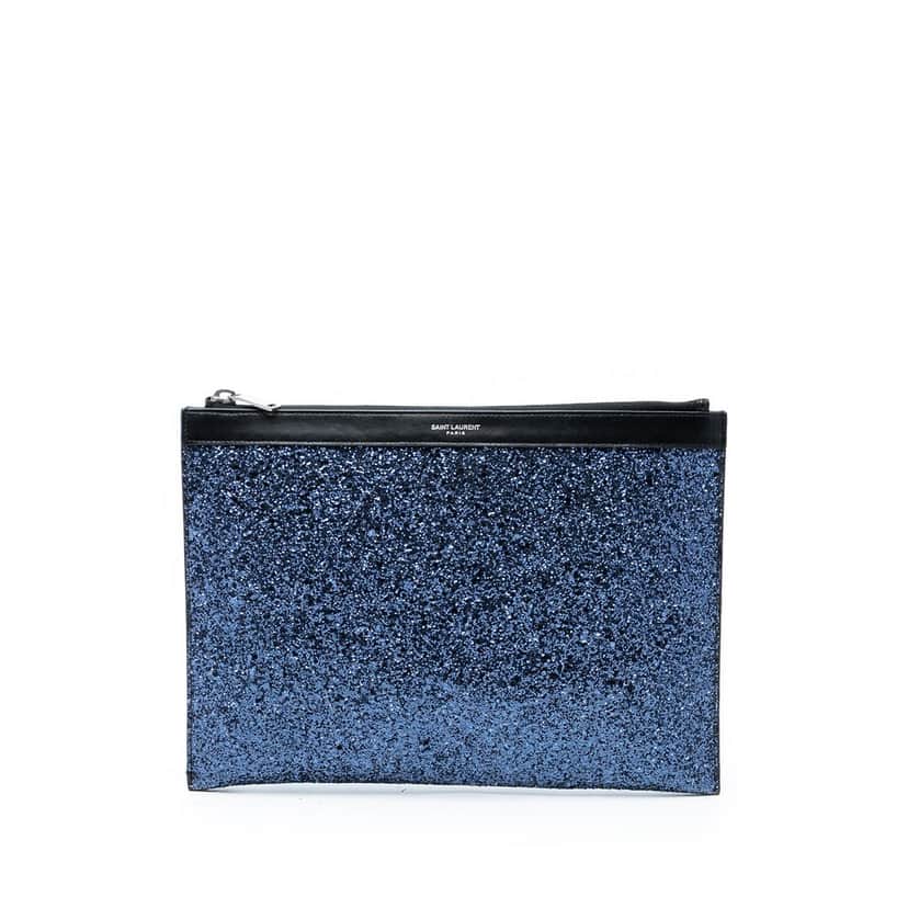 Saint Laurent Glittered Leather Zipped Tablet Pouch Blue Leather Very good condition - Front View