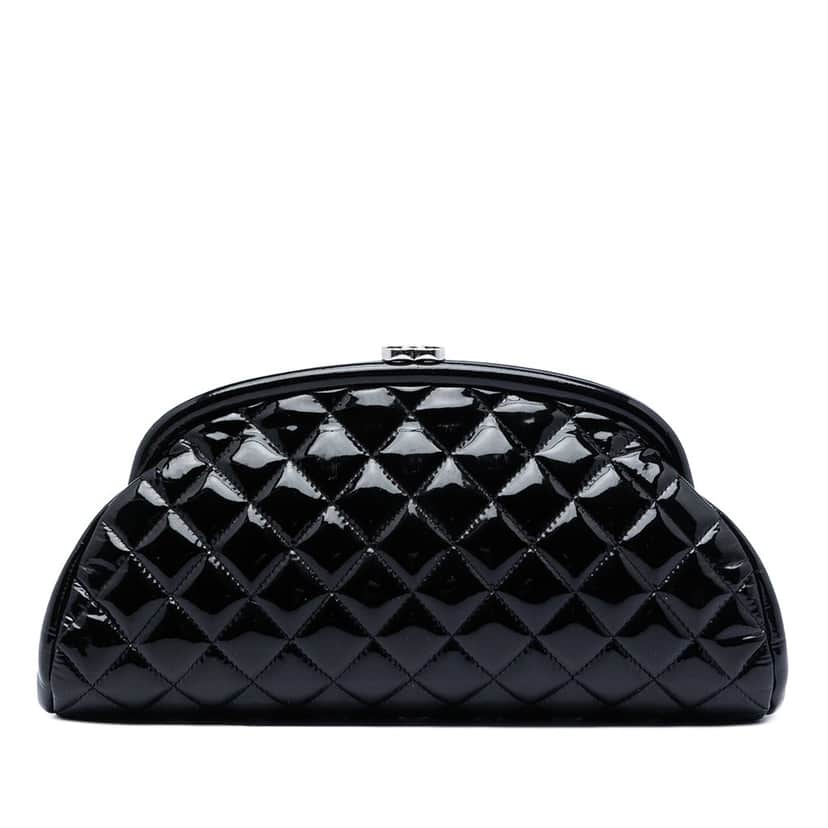 Chanel Quilted Patent Timeless Kiss Lock Clutch Black Leather Very good condition - Front View