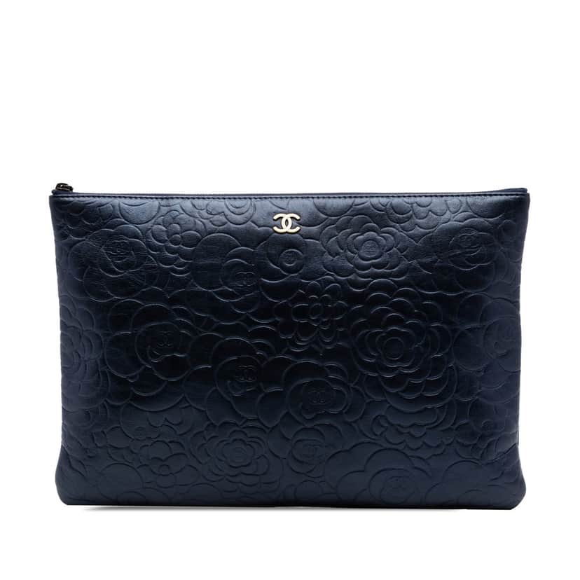 Chanel Large Embossed Lambskin Camellia O Case Clutch Blue Leather Very good condition - Front View