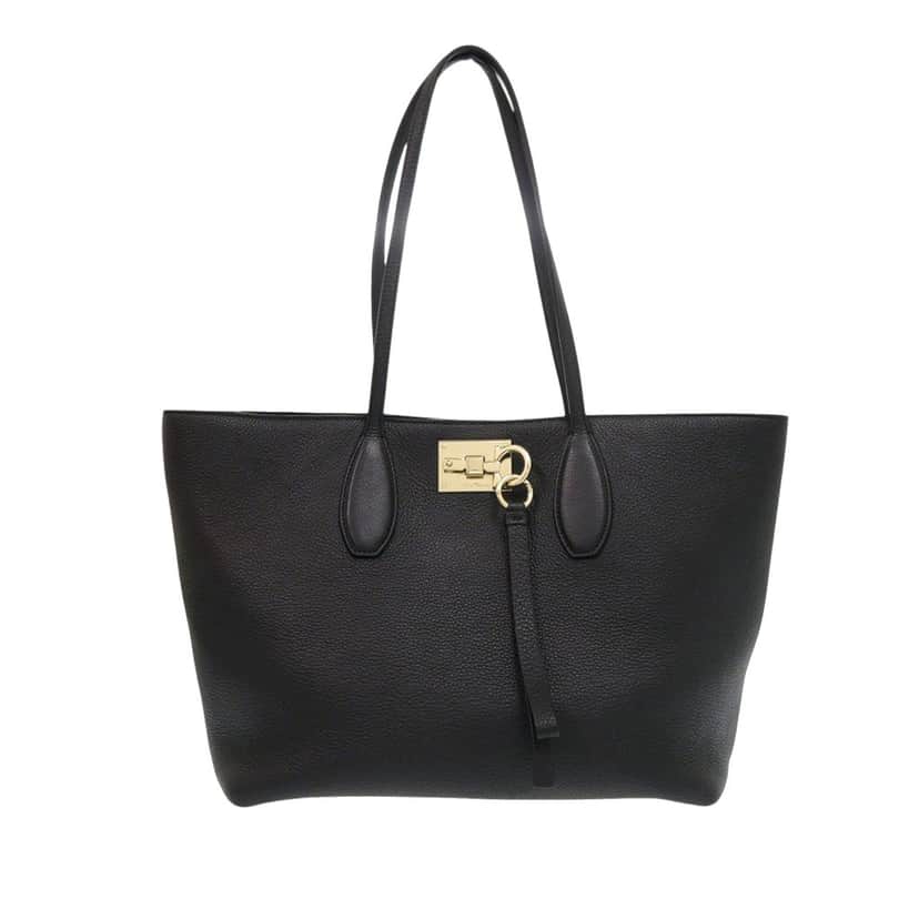Ferragamo Grained Calfskin Studded Gancini Tote Black Leather Very good condition - Front View