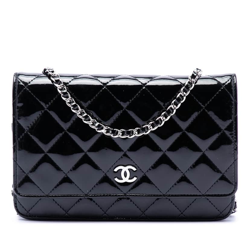 Chanel CC Quilted Patent Wallet On Chain Black Leather Very good condition - Front View
