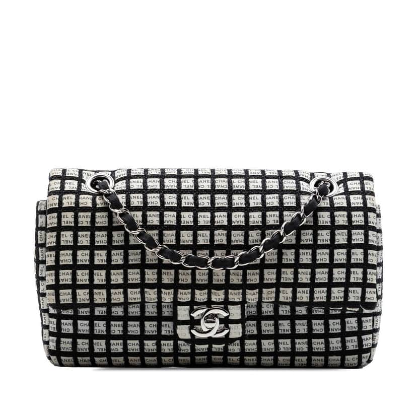 Chanel Medium Classic Tweed and Ribbon Logo Double Flap Black Very good condition - Front View