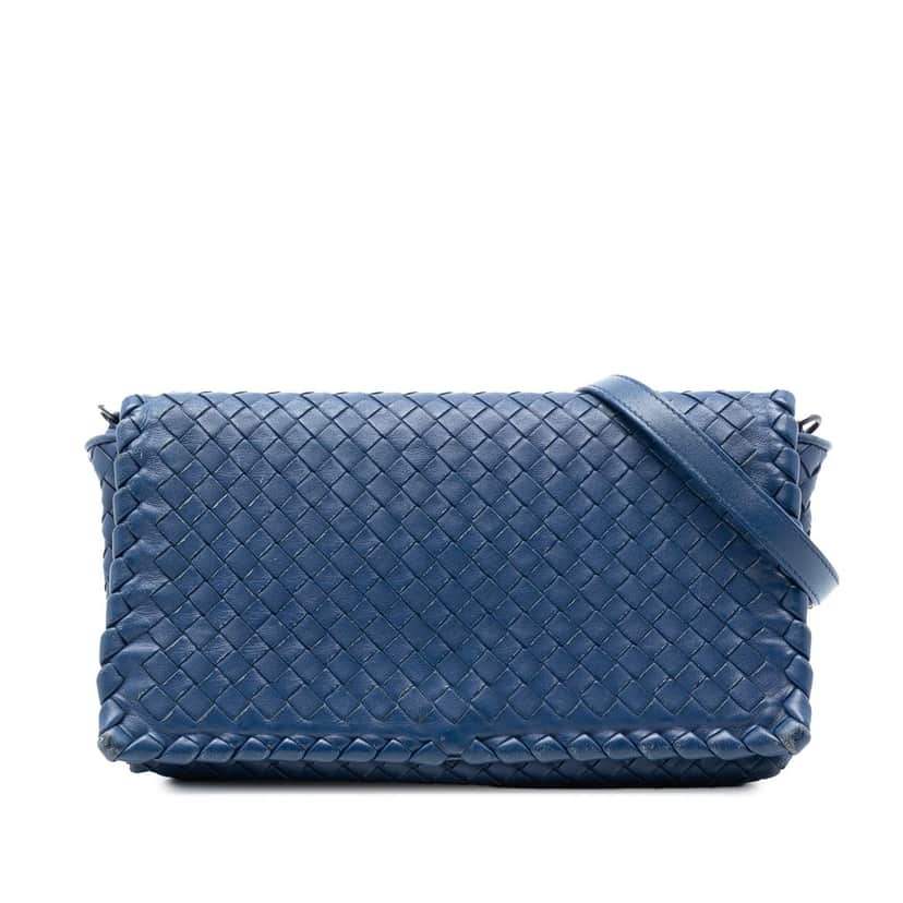 Bottega Veneta Nappa Intrecciato Flap Crossbody Blue Leather Very good condition - Front View