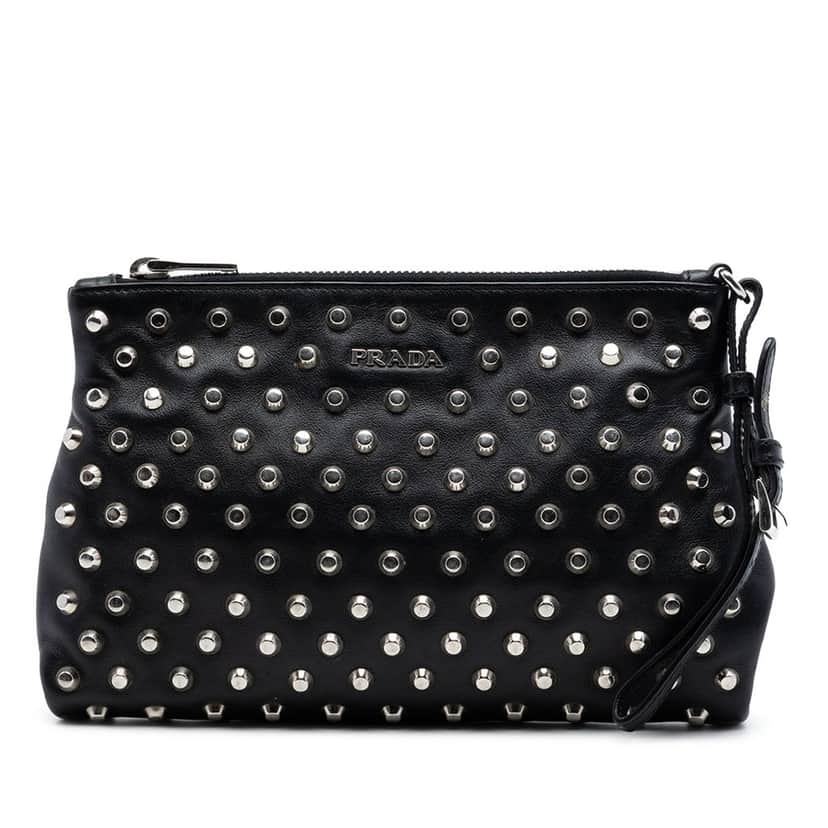 Prada Studded Leather Clutch Black Leather Very good condition - Front View