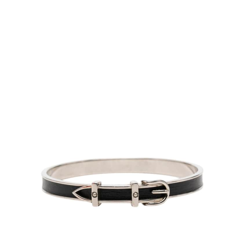 Hermès Palladium Plated and Leather Belt Buckle Bangle Black Leather Very good condition - Front View