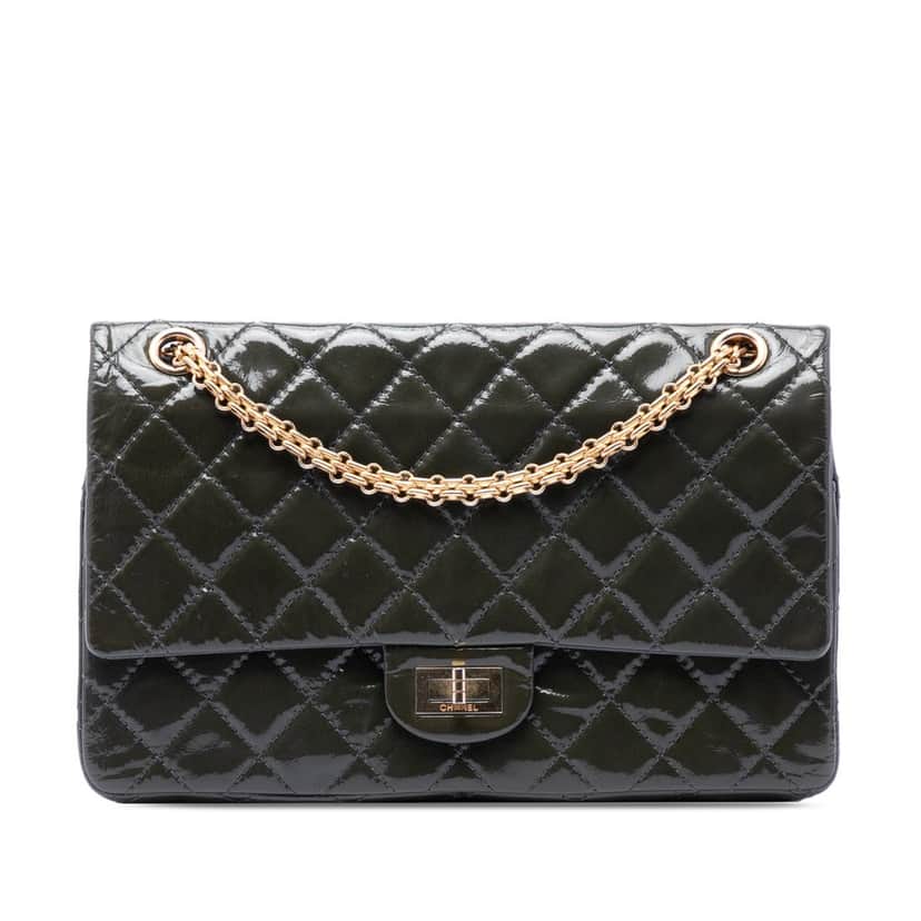 Chanel Quilted Patent Reissue 2.55 Double Flap 226 Green Leather Very good condition - Front View