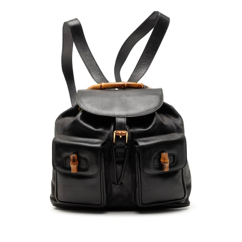 Gucci Calfskin Bamboo Drawstring Backpack Black Leather Good condition - Front View