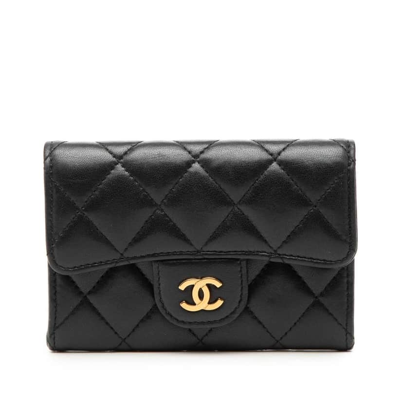 Chanel CC Quilted Lambskin Flap Card Holder Black Leather Very good condition - Front View