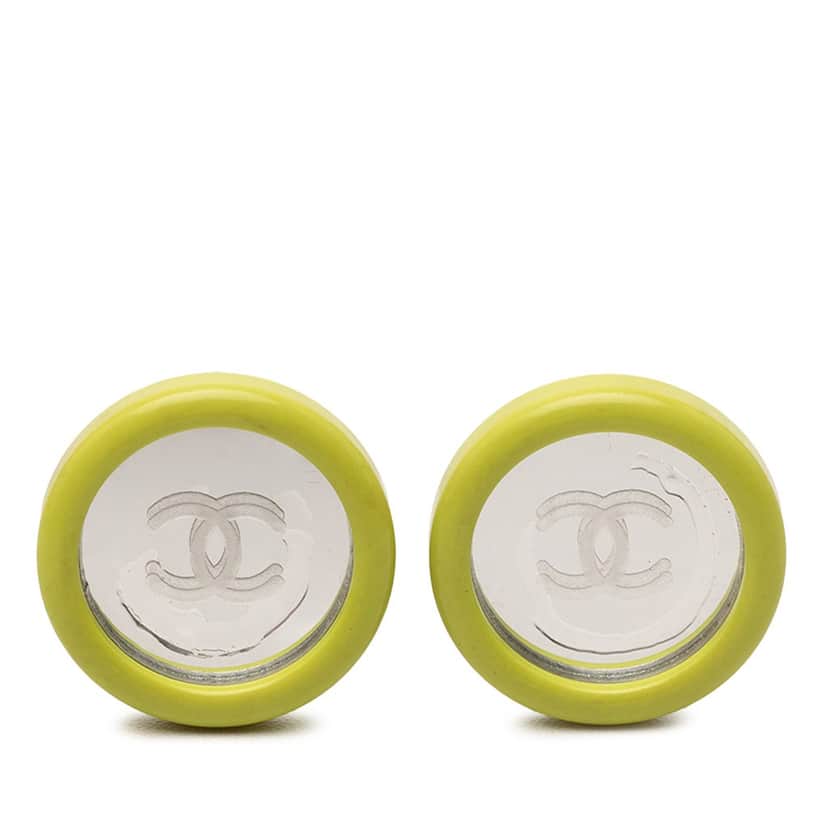 Chanel CC Resin Round Mirror Clip On Earrings Green Plastic Very good condition - Front View