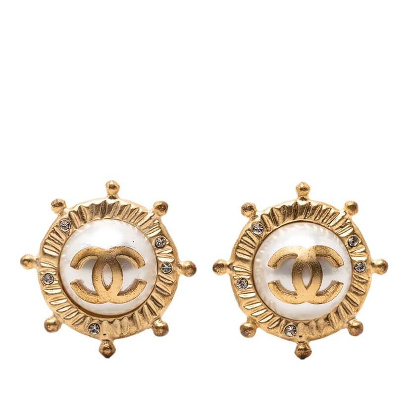 Chanel CC Gold Plated Faux Pearl and Strass Clip on Earrings Gold Metal Very good condition - Front View