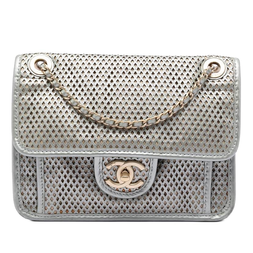 Chanel Small Perforated Calfskin Up In The Air Flap Silver Leather Very good condition - Front View