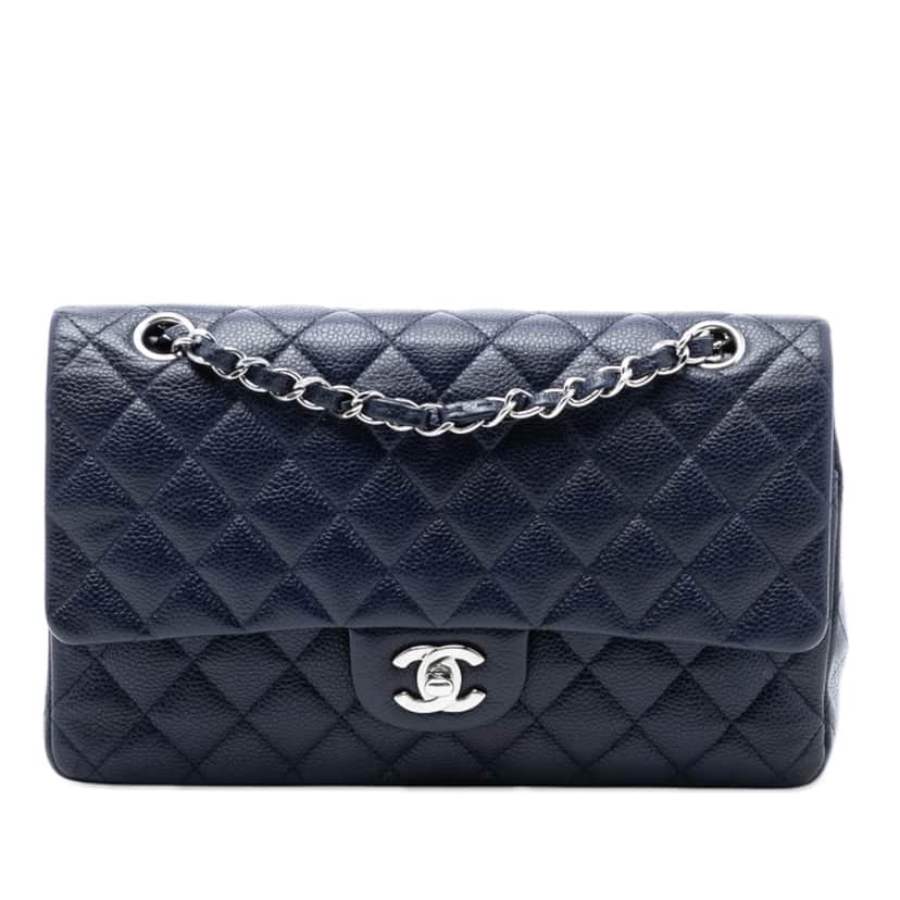 Chanel Medium Classic Caviar Double Flap Blue Leather Very good condition - Front View
