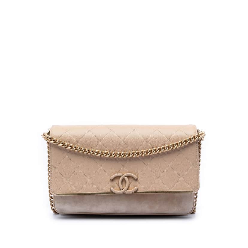 Chanel CC Stitched Caviar and Suede Lady Coco Flap Beige Leather Very good condition - Front View