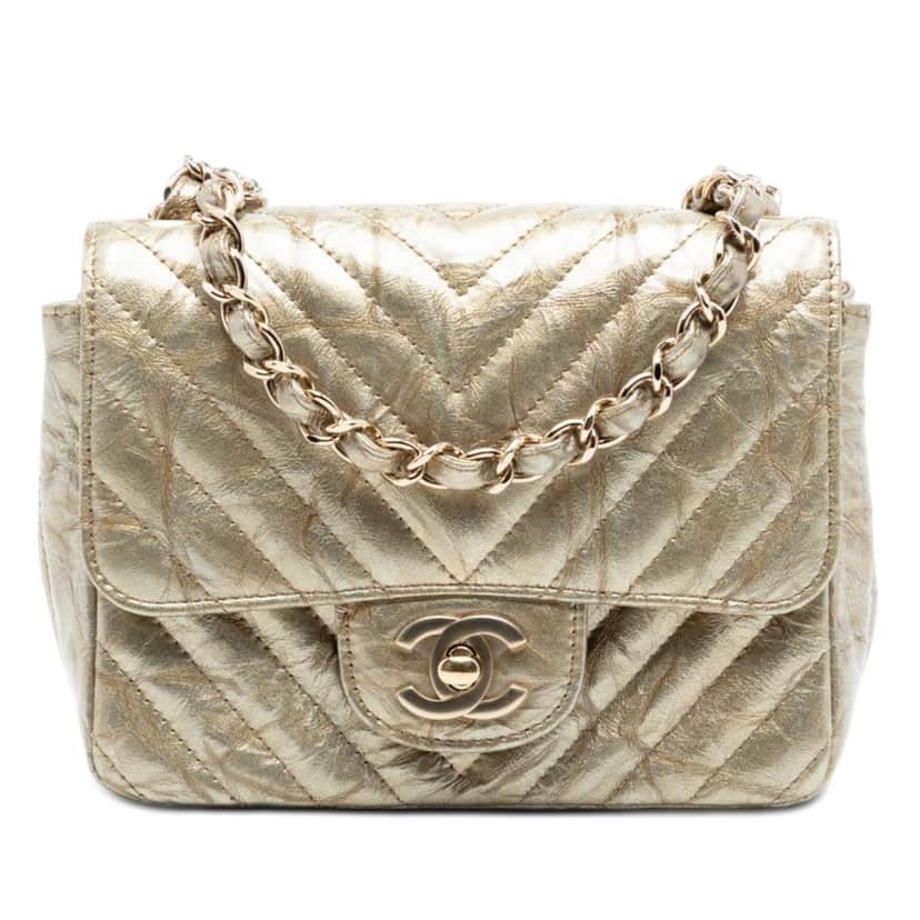 Chanel Mini Square Classic Chevron Metallic Crumpled Calfskin Single Flap Gold Leather Very good condition - Front View