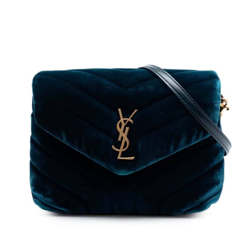 Saint Laurent Small Matelasse Velvet Monogram LouLou Shoulder Bag Blue Very good condition - Front View
