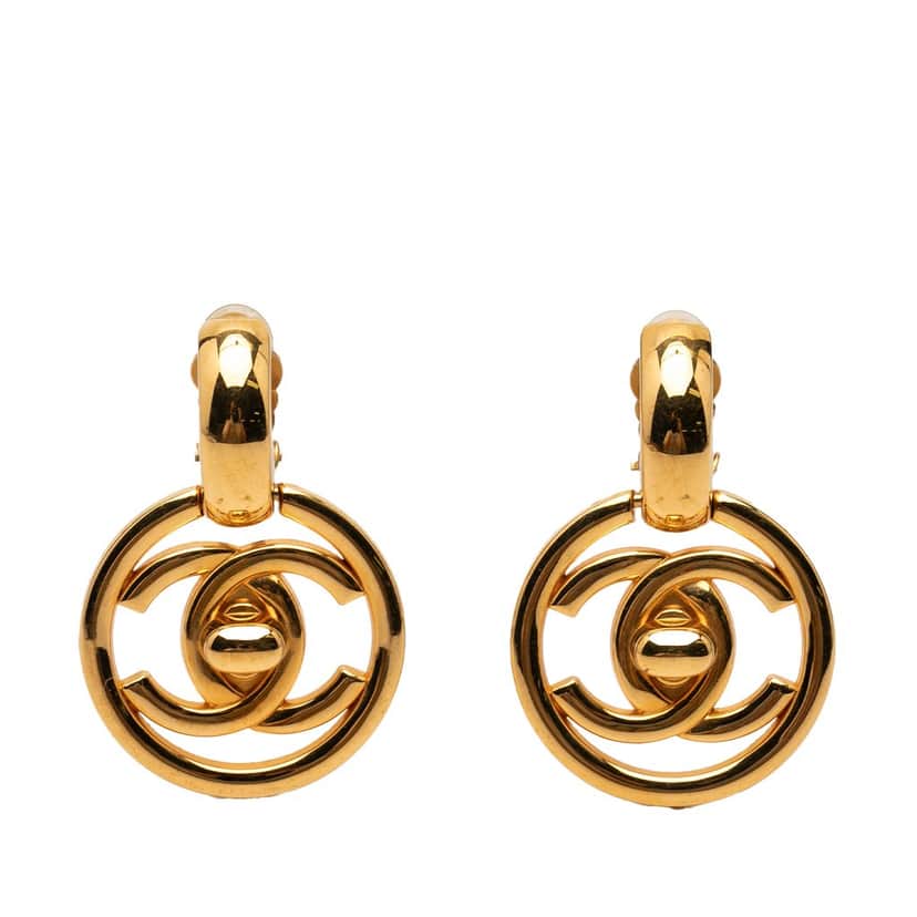Chanel CC Gold Plated Turnlock Swing Clip On Earrings Gold Metal Very good condition - Front View