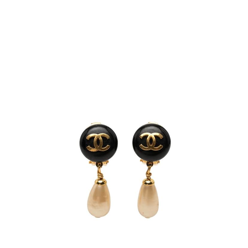 Chanel CC Gold Plated Resin and Faux Pearl Drop Clip On Earrings Black Plastic Very good condition - Front View