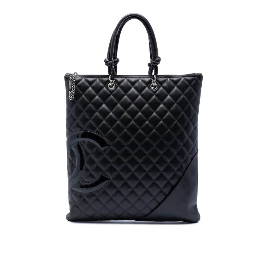 Chanel Quilted Lambskin Cambon Ligne Flat Tote Black Leather Very good condition - Front View