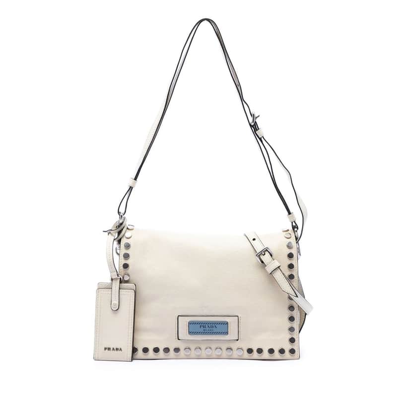 Prada Glace Calfskin Studded Etiquette Flap White Leather Very good condition - Front View