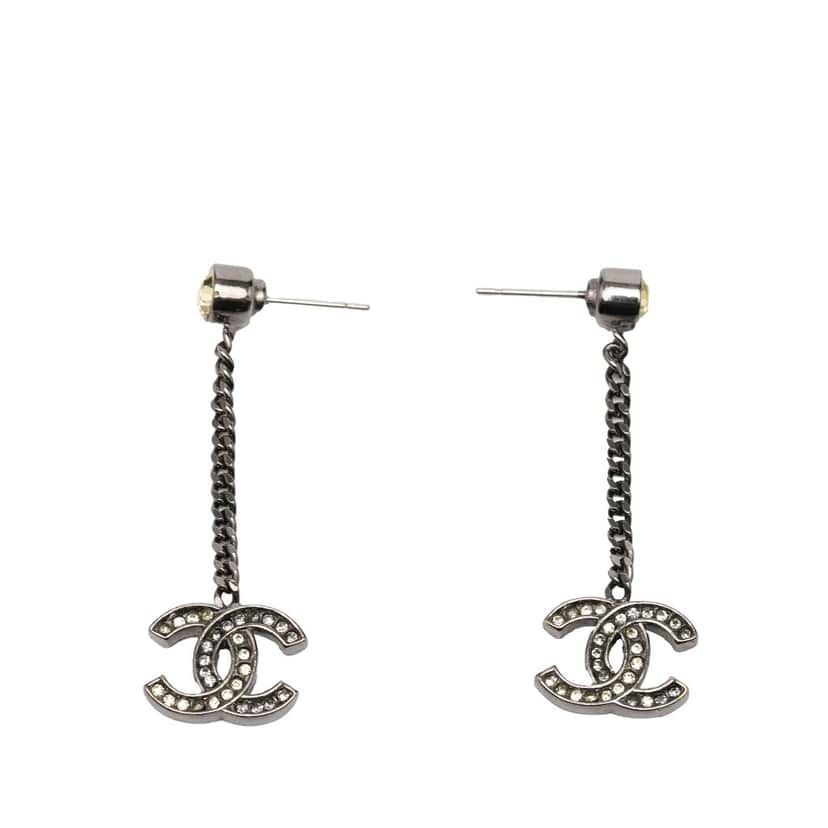 Chanel CC Brass and Strass Swing Push Back Earrings Silver Metal Very good condition - Front View